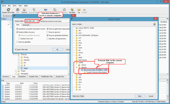 Recover parameters and disks to store recovered files on the remote computer